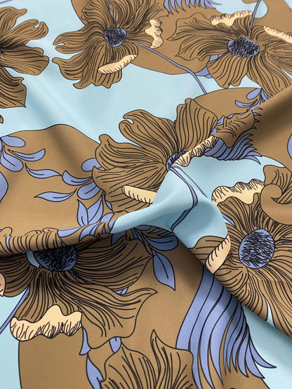 Brown Floral Print Fabric on Light Blue Background – Fabric by Metre, Options: Satin, Crepe, Spandex, Chiffon