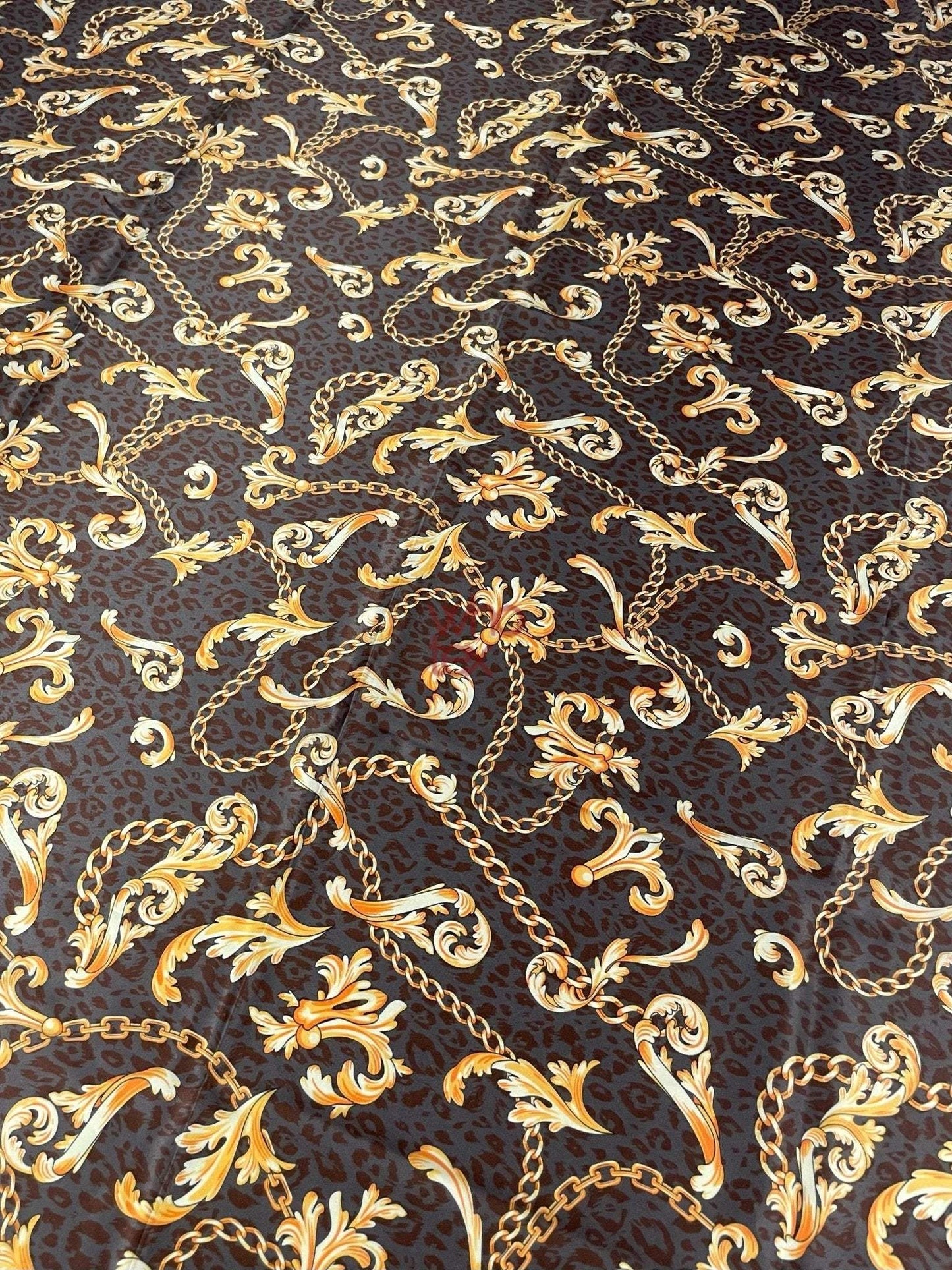 Brown Leopard Print Fabric with Gold Baroque Chains – Fabric by Metre, Options: Satin, Crepe, Spandex, Chiffon