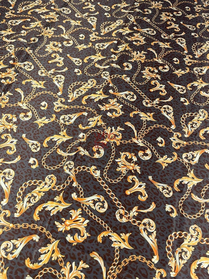 Brown Leopard Print Fabric with Gold Baroque Chains – Fabric by Metre, Options: Satin, Crepe, Spandex, Chiffon