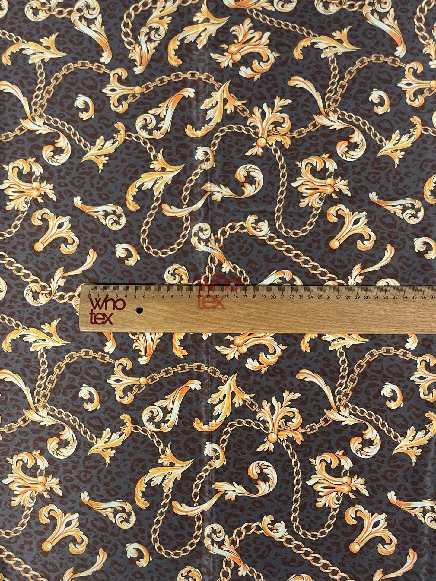 Brown Leopard Print Fabric with Gold Baroque Chains – Fabric by Metre, Options: Satin, Crepe, Spandex, Chiffon
