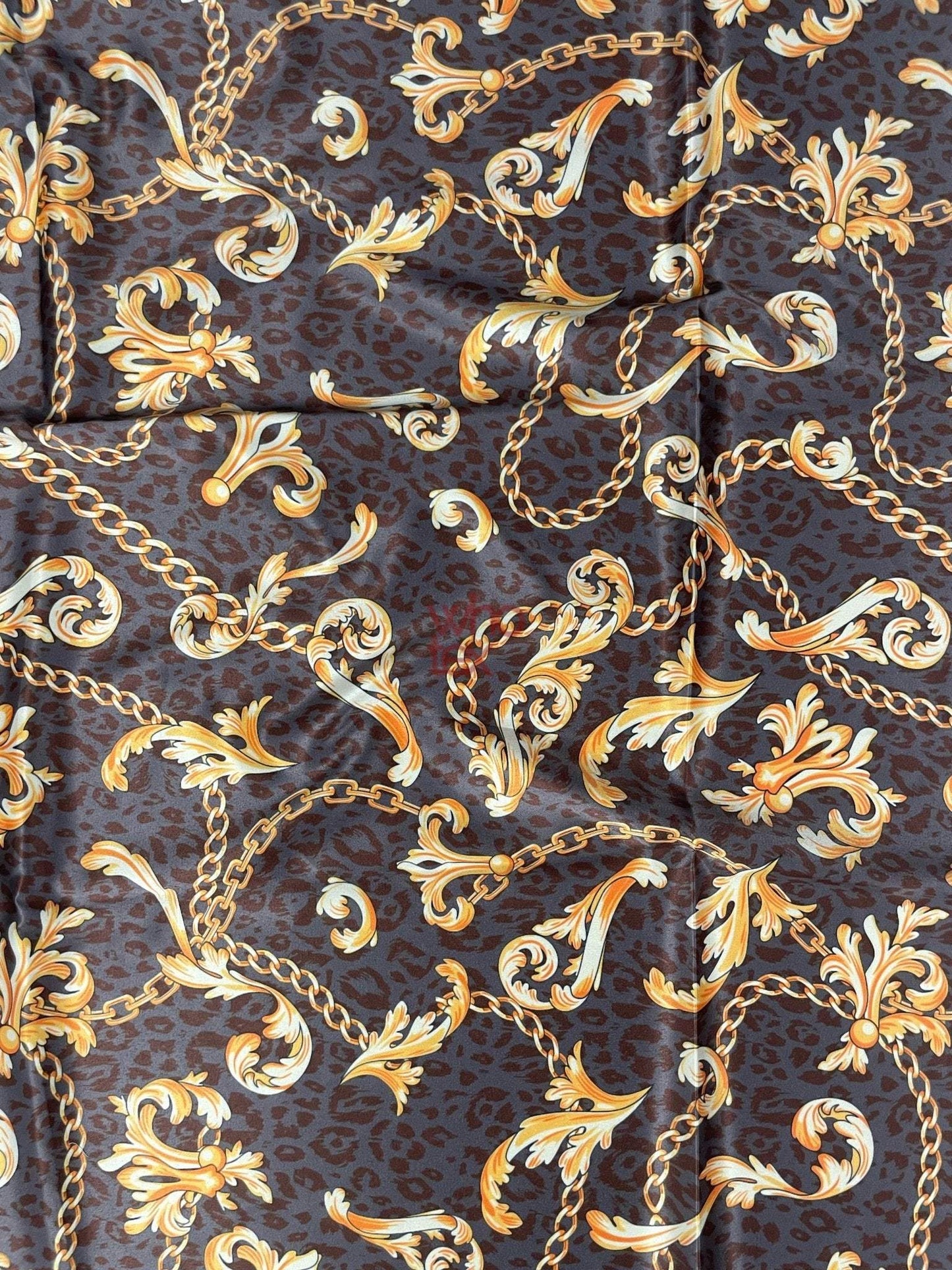 Brown Leopard Print Fabric with Gold Baroque Chains – Fabric by Metre, Options: Satin, Crepe, Spandex, Chiffon