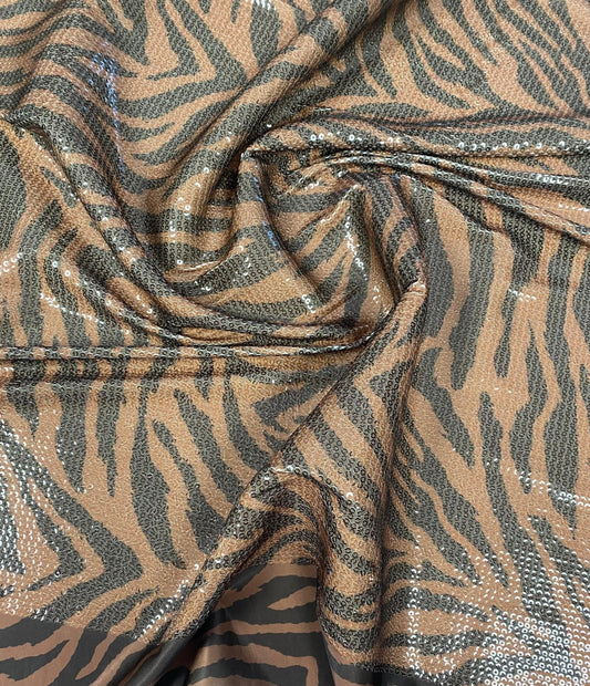 Brown Tiger Sequin Animal Print Fabric by the Metre