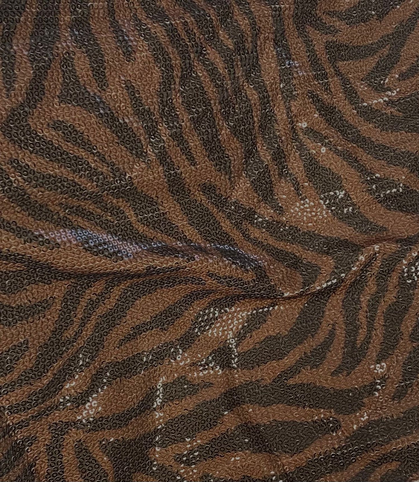 Brown Tiger Sequin Fabric – Shiny Animal Print Stretch Material by Metre