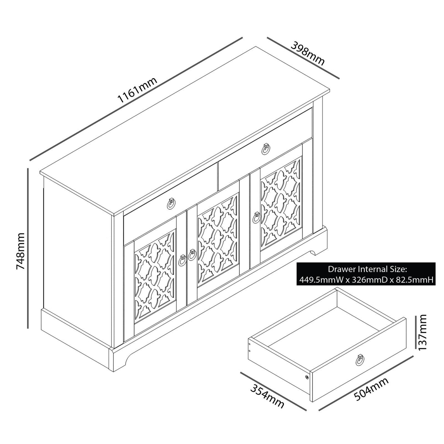 Honition Large Sideboard Grey 3 Doors 4 Shelves 2 Drawers