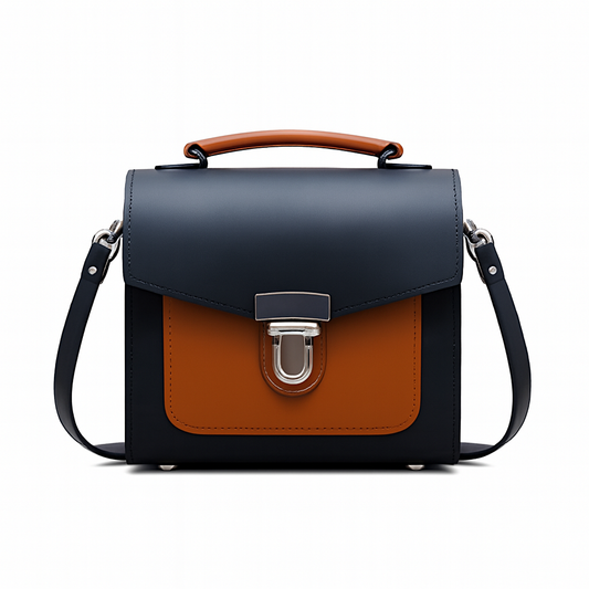 Handmade Leather Two Tone Sugarcube Handbag - Black & Burnt Orange