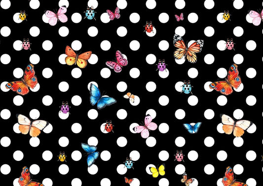 Butterflies Black White Polka Dot Fabric