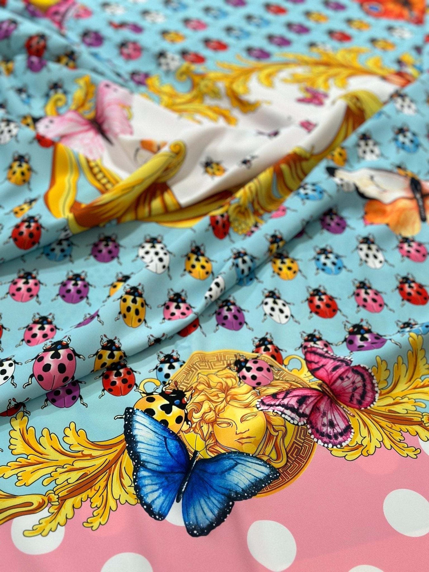 Colorful Butterfly and Ladybug Pattern Fabric – Custom Printed Fabric on Satin, Crepe, Spandex or Chiffon