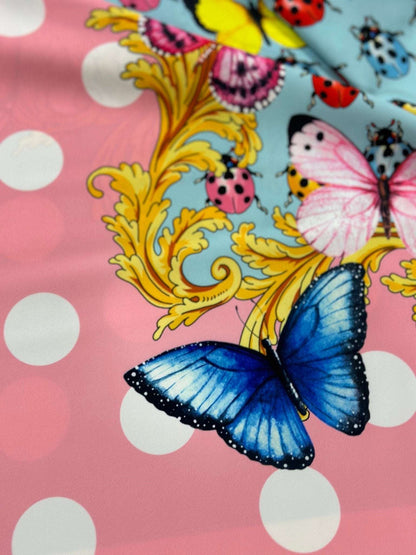 Colorful Butterfly and Ladybug Pattern Fabric – Custom Printed Fabric on Satin, Crepe, Spandex or Chiffon