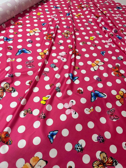 Butterfly Polka Dot Fabric – Fabric by Metre, Options: Satin, Crepe, Spandex, Chiffon