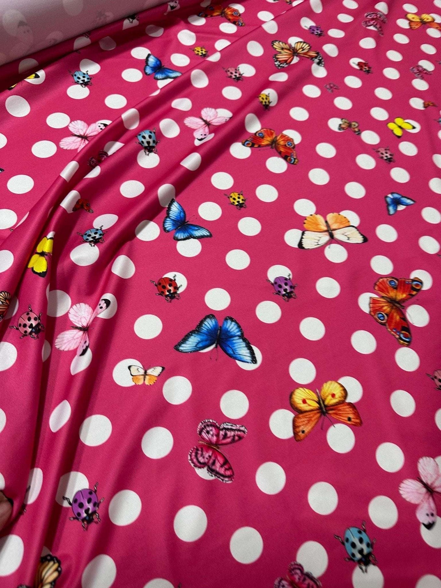 Butterfly Polka Dot Fabric – Fabric by Metre, Options: Satin, Crepe, Spandex, Chiffon