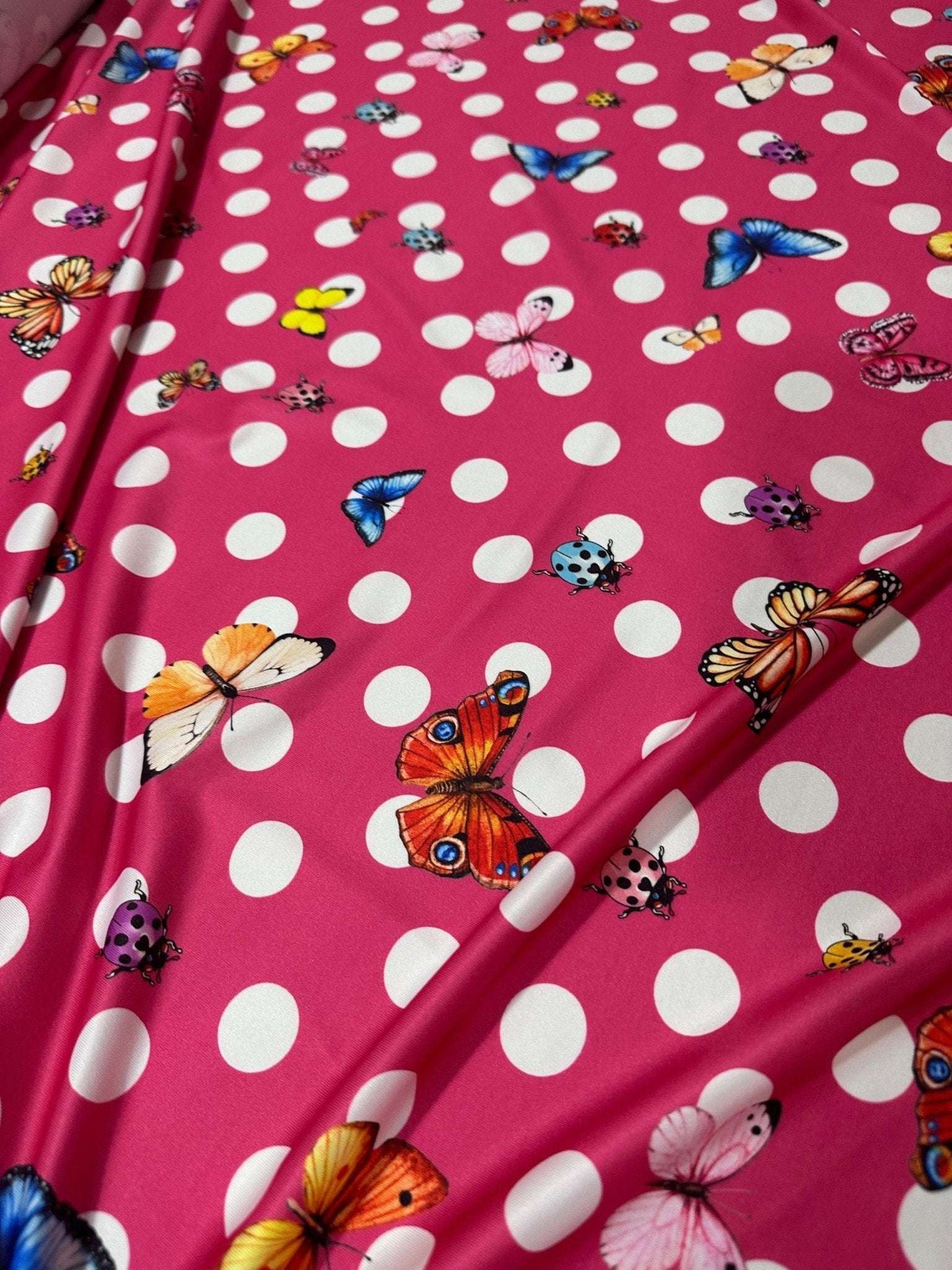 Butterfly Polka Dot Fabric – Fabric by Metre, Options: Satin, Crepe, Spandex, Chiffon