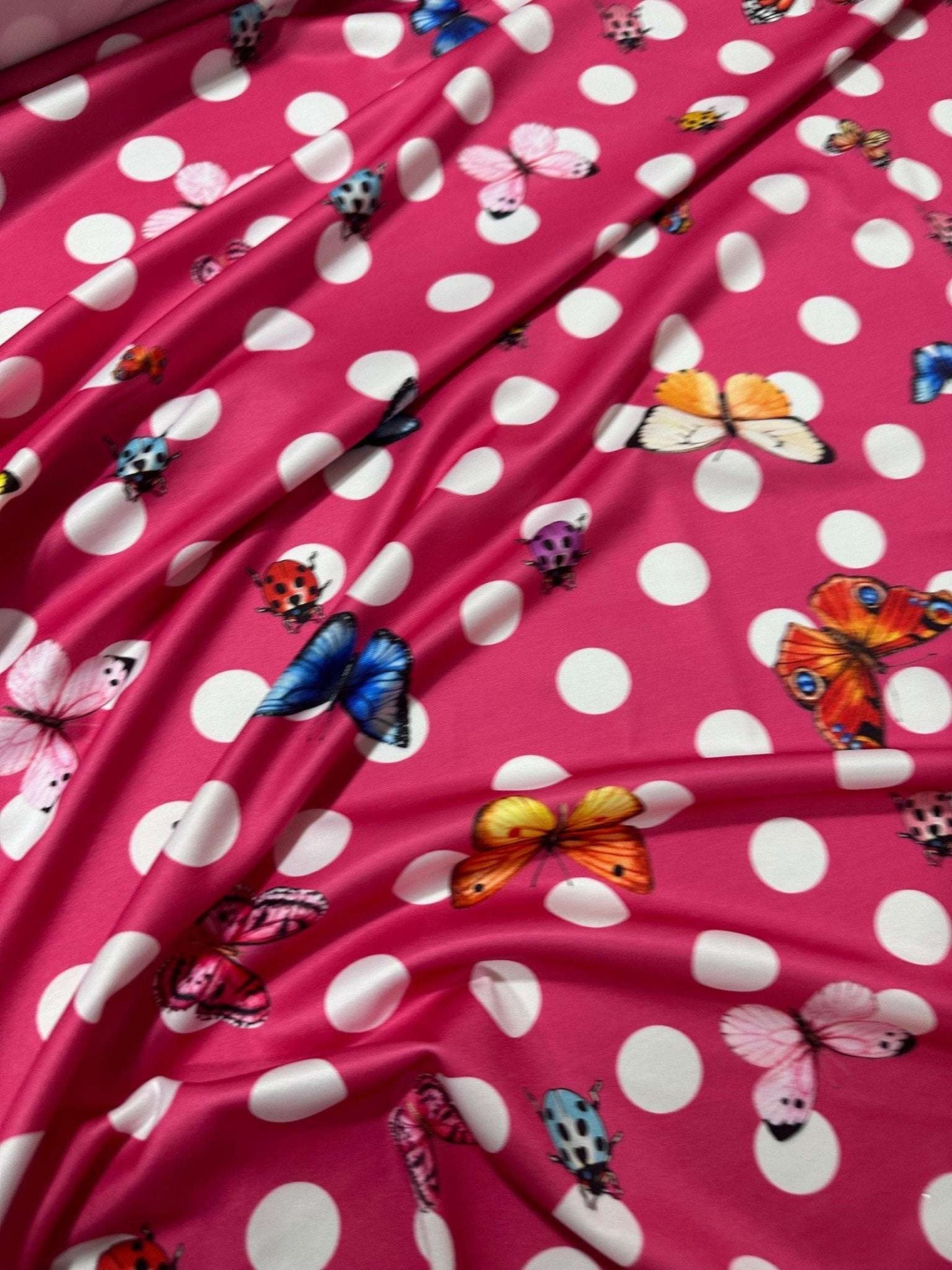 Butterfly Polka Dot Fabric – Fabric by Metre, Options: Satin, Crepe, Spandex, Chiffon