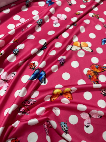 Butterfly Polka Dot Fabric – Fabric by Metre, Options: Satin, Crepe, Spandex, Chiffon