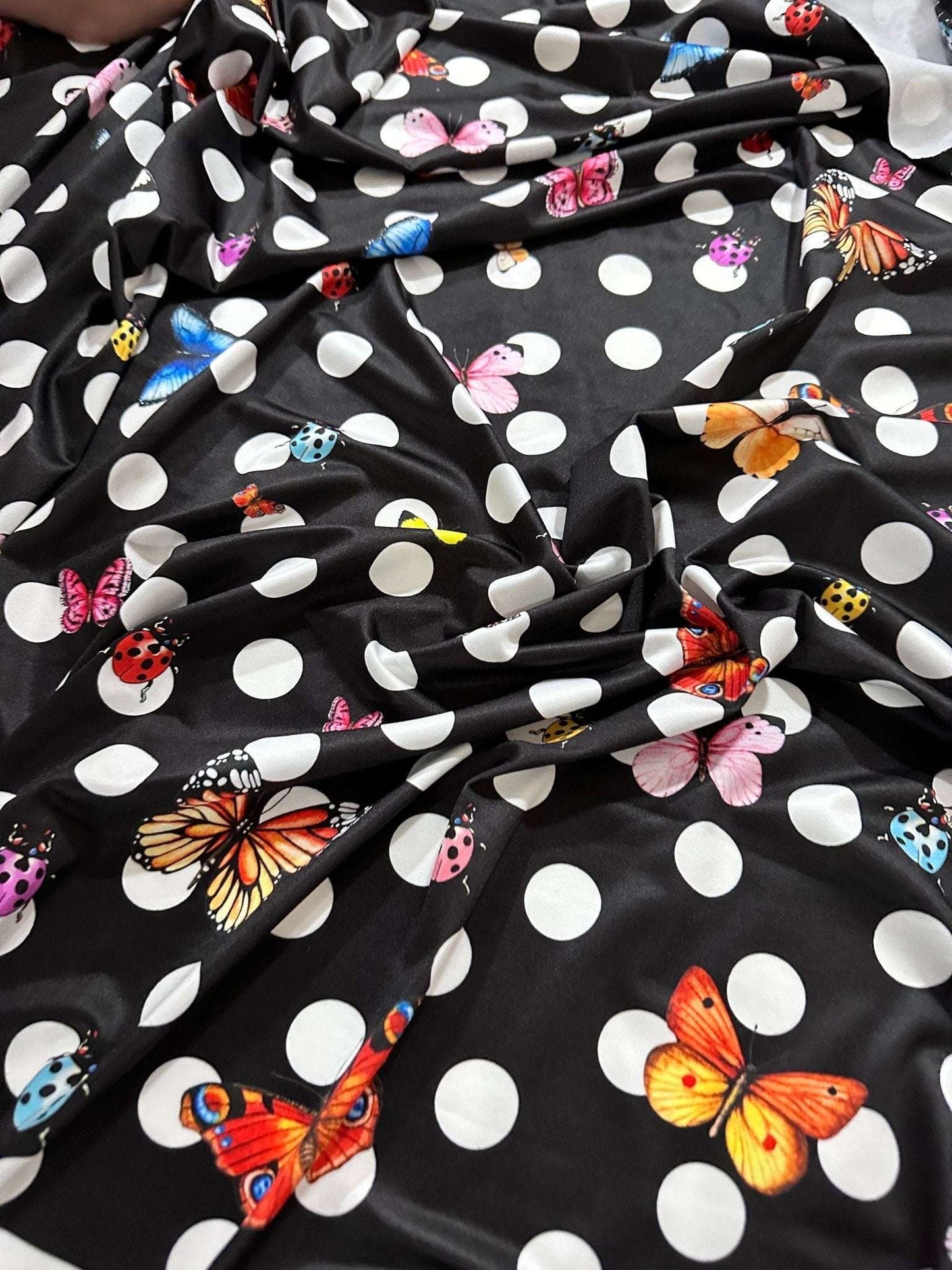 Black Polka Dot Butterfly Fabric – Custom Printed Fabric on Satin, Crepe, Spandex or Chiffon