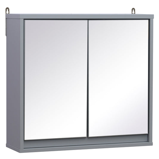 Wall Mounted Mirror Cabinet with Storage Shelf Bathroom Cupboard Double Door Grey