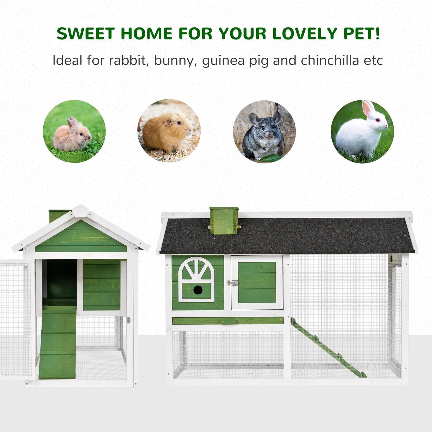 PawHut Rabbit Hutch Wood Bunny Cage for Outdoor Indoor w/ Pull Out Tray Run Box Ramp