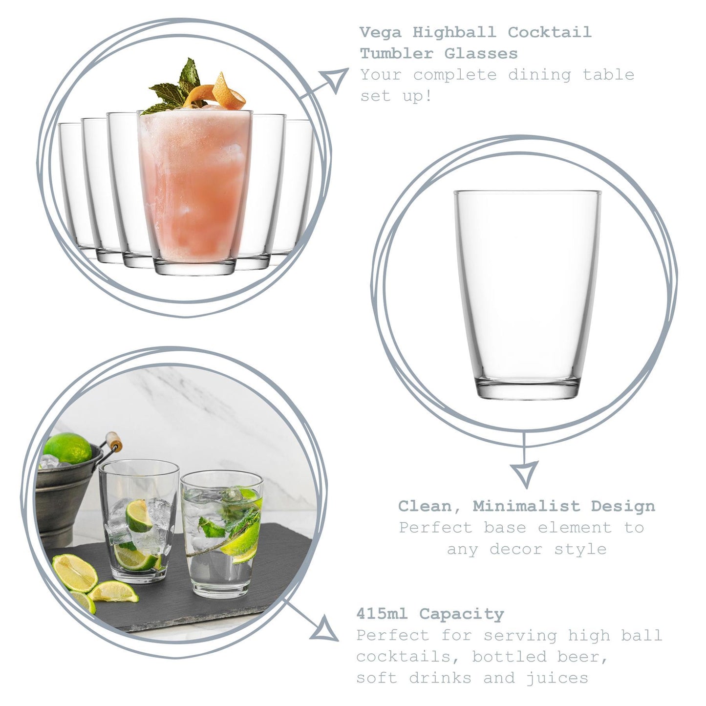 415ml Clear Vega Highball Glasses - Pack of Six