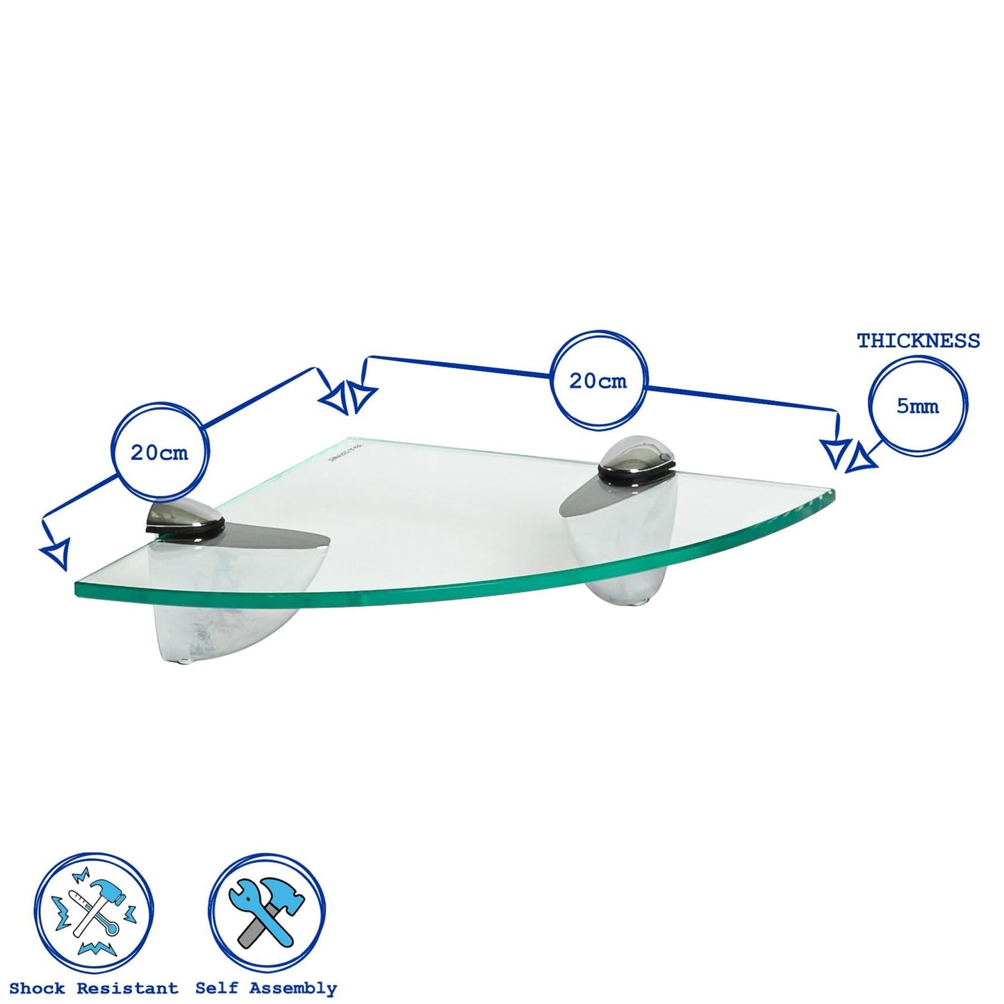 20cm Floating Glass Corner Shelf with Gold Fixings