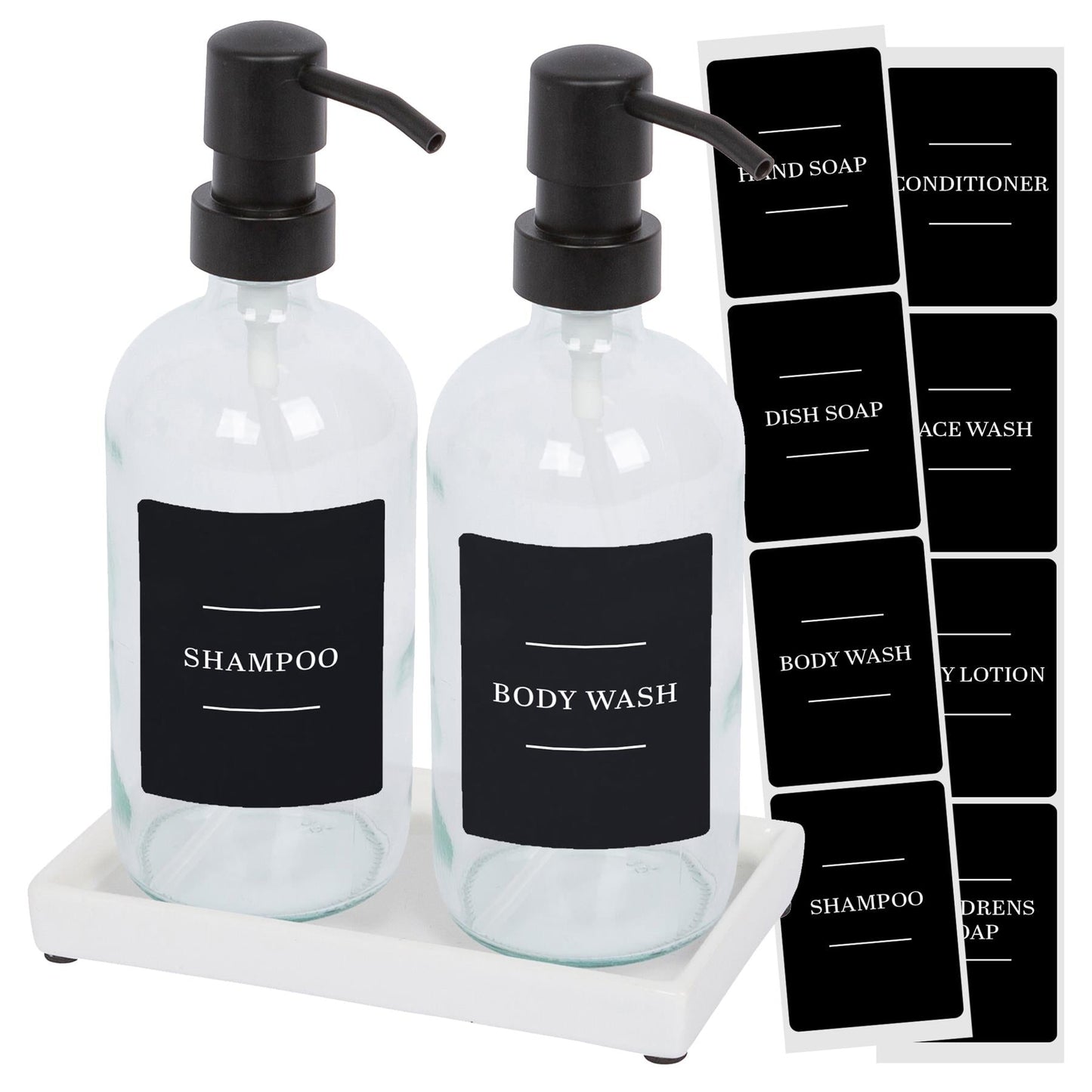 2pc 500ml Glass Soap Dispenser with Black Labels & Ceramic Tray