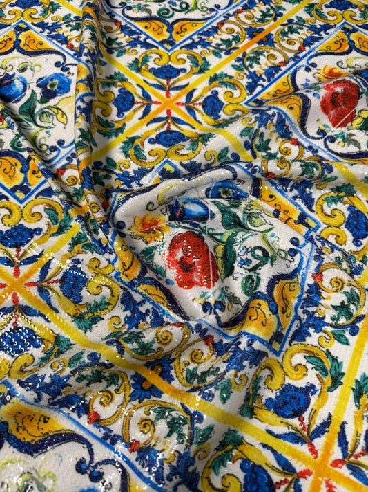 Mediterranean Tile Sequin Fabric for Dresses