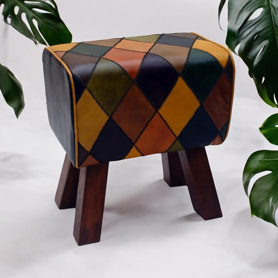 47CM LEATHER STOOL  Harlequin diamond pattern