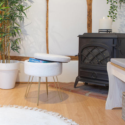 Cream H46 x D37cm Round Boucle Storage Footstool