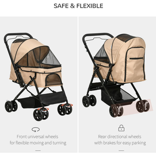 PawHut Pet Stroller Pushchair Foldable Travel Dog Cat Carriage w/ Reversible Handle Brake Basket