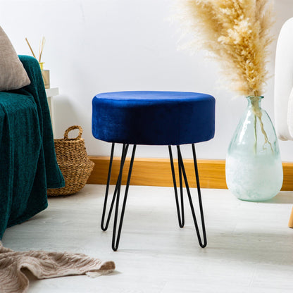 Blue Round Velvet Footstool
