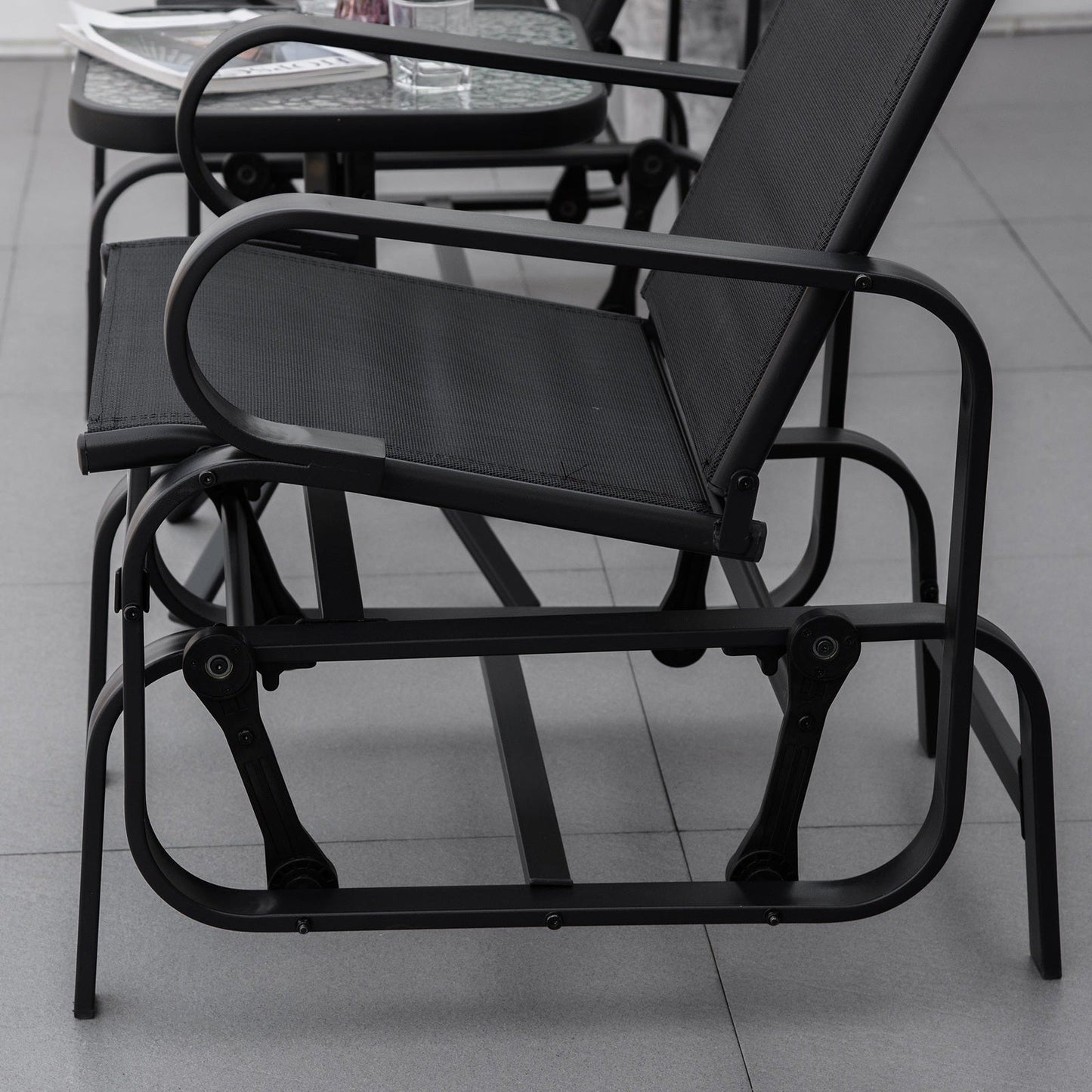 3-Piece Metal Outdoor Gliding Rocking Chair With Tea Table Patio Garden Comfortable Swing Chair Black