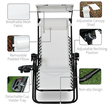 Zero Gravity Garden Folding Patio Sun Lounger w/Cup Holder & Canopy Shade White