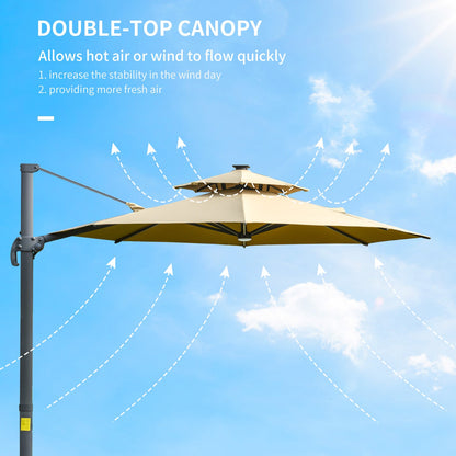 3m Cantilever Parasol w/ Solar Lights Power Bank Base 360° Spin Khaki
