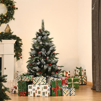 4FT Artificial Snow Dipped Christmas Tree Xmas Pencil Tree with Foldable Feet Red Berries White Pinecones