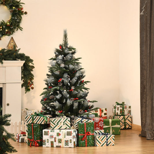 4FT Artificial Snow Dipped Christmas Tree Xmas Pencil Tree with Foldable Feet Red Berries White Pinecones