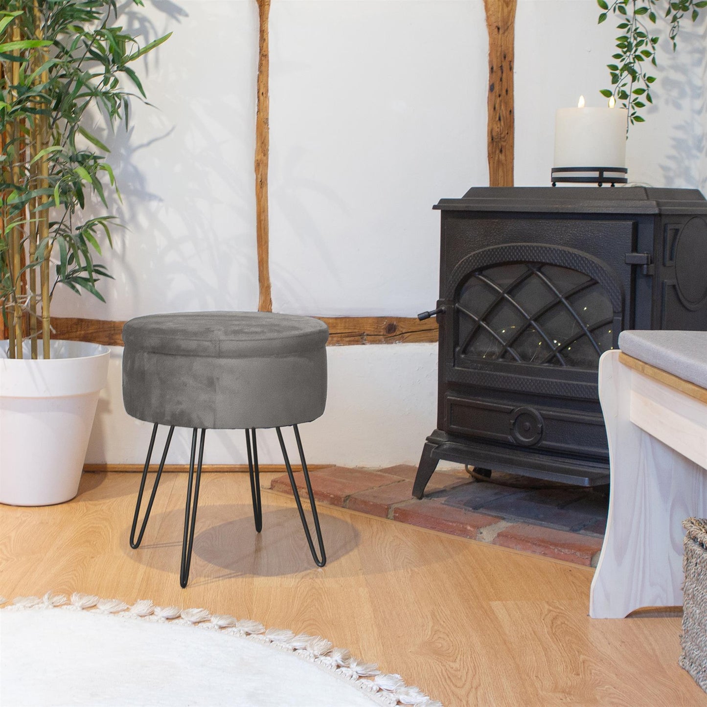 Grey Round Velvet Storage Footstool