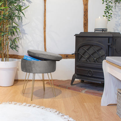 Grey Round Velvet Storage Footstool