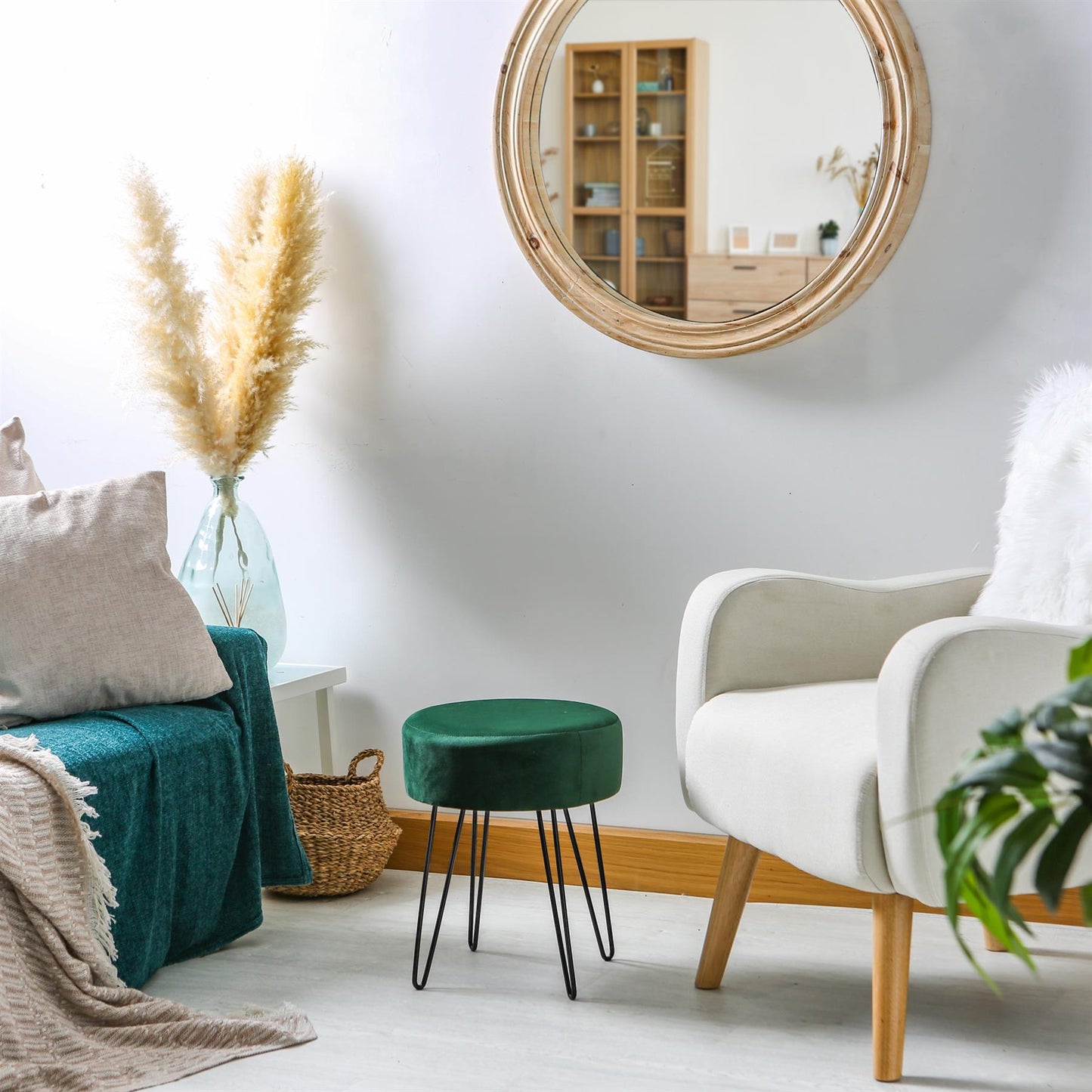 Green Round Velvet Footstool