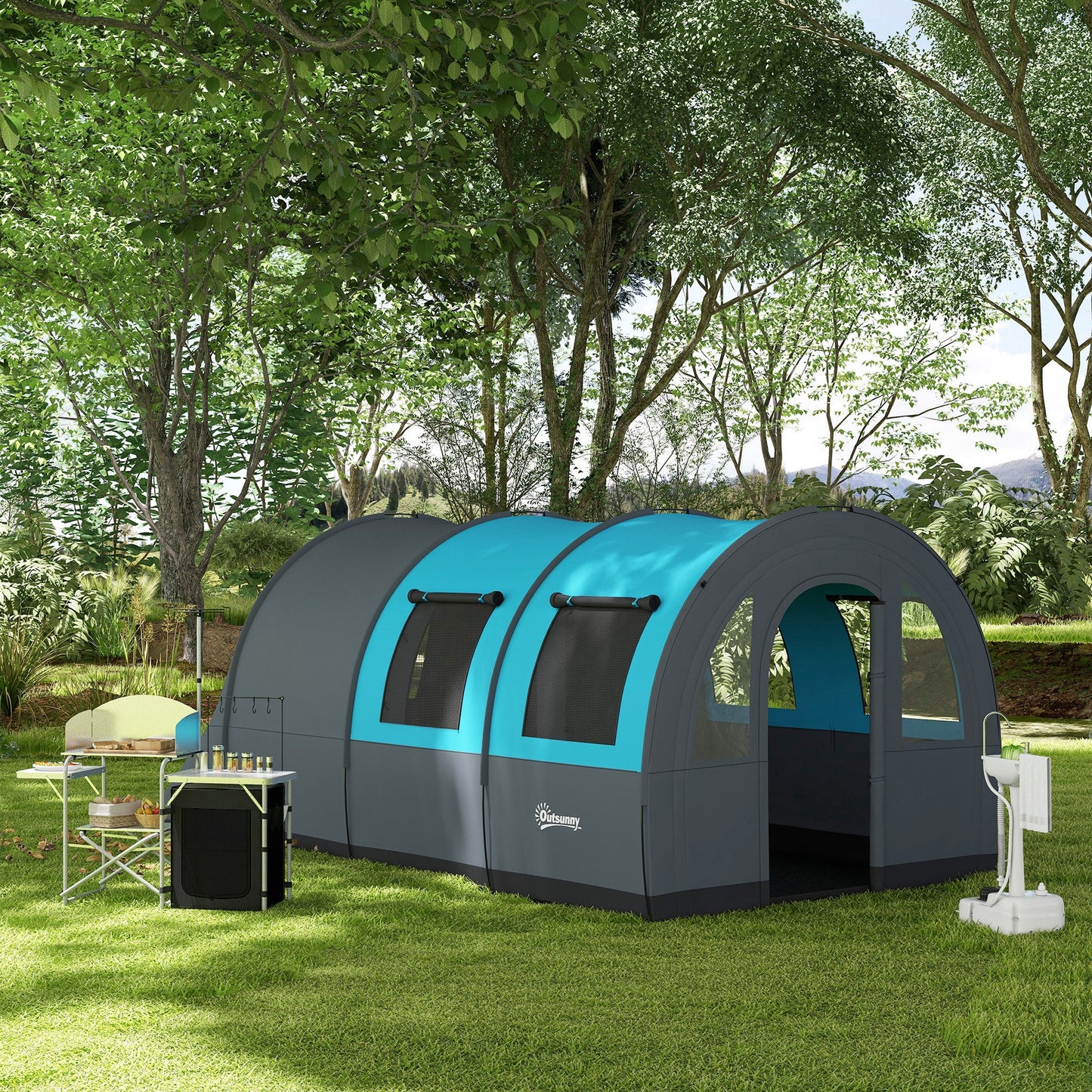 Outsunny Camping Tent, 3000mm Waterproof Family Tent for 5-6 Man, Grey and Blue