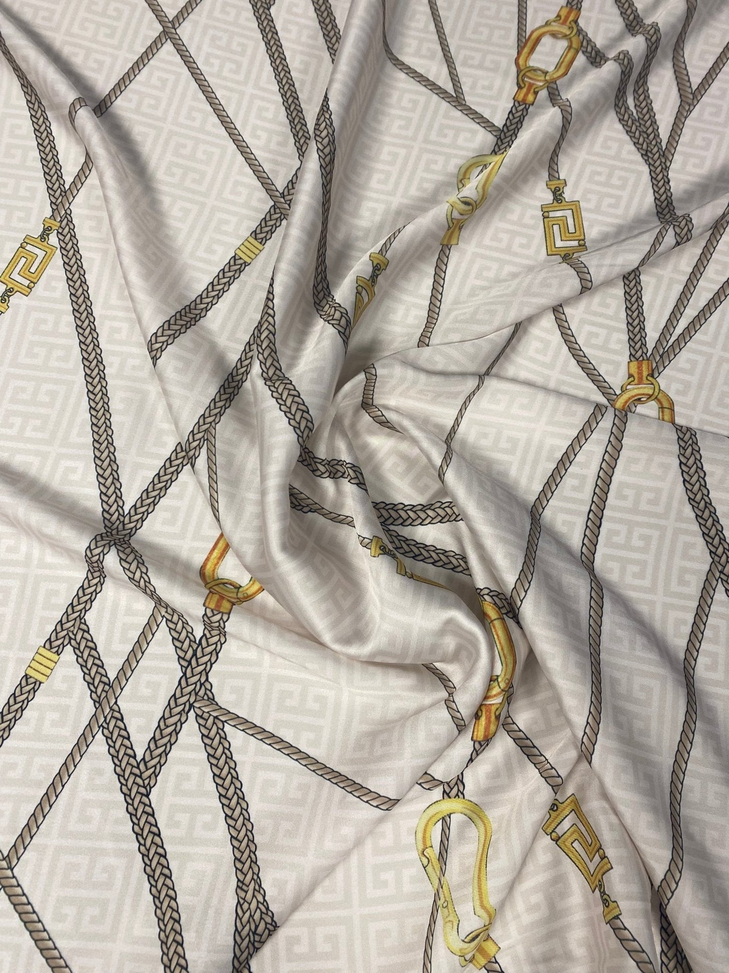 Chain Print Satin Fabric in Beige & Gold