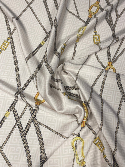 Chain Print Satin Fabric in Beige & Gold
