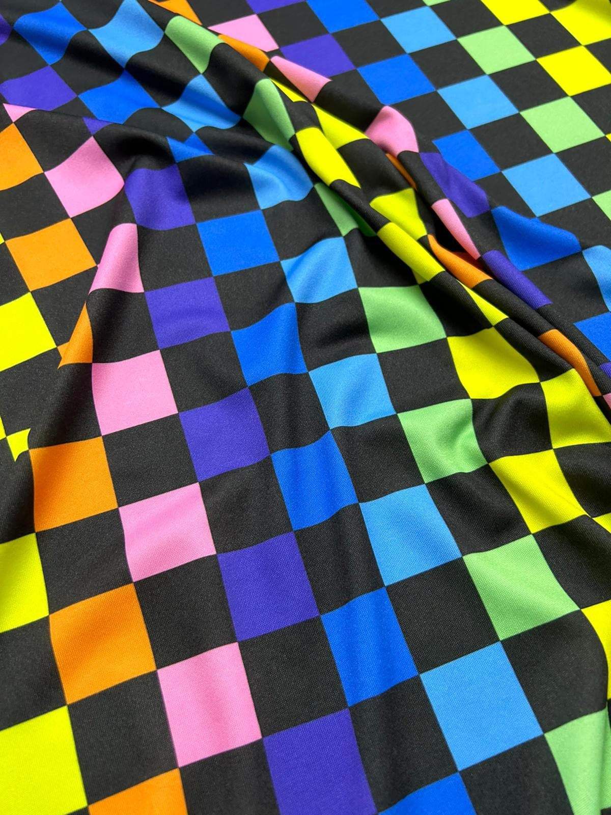 Rainbow Checkers Print Fabric – Available in Satin, Crepe, Spandex & Chiffon | By Metre