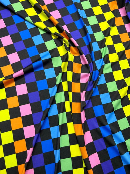 Rainbow Checkers Print Fabric – Available in Satin, Crepe, Spandex & Chiffon | By Metre