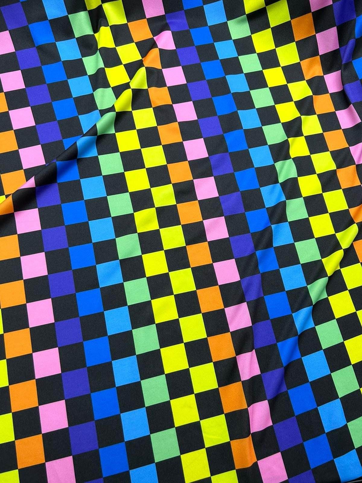 Rainbow Checkers Print Fabric – Available in Satin, Crepe, Spandex & Chiffon | By Metre
