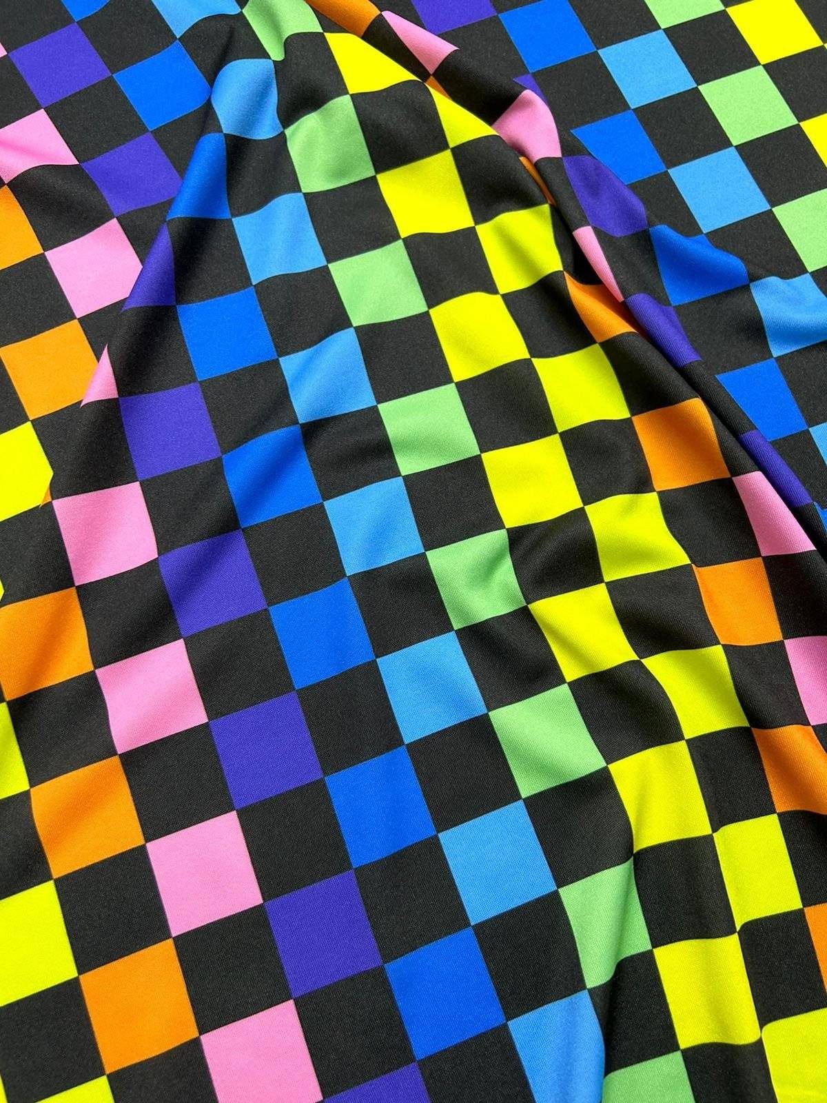 Rainbow Checkers Print Fabric – Available in Satin, Crepe, Spandex & Chiffon | By Metre