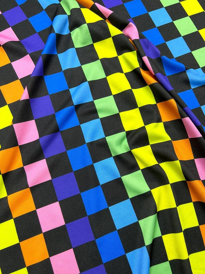 Rainbow Checkers Print Fabric – Available in Satin, Crepe, Spandex & Chiffon | By Metre