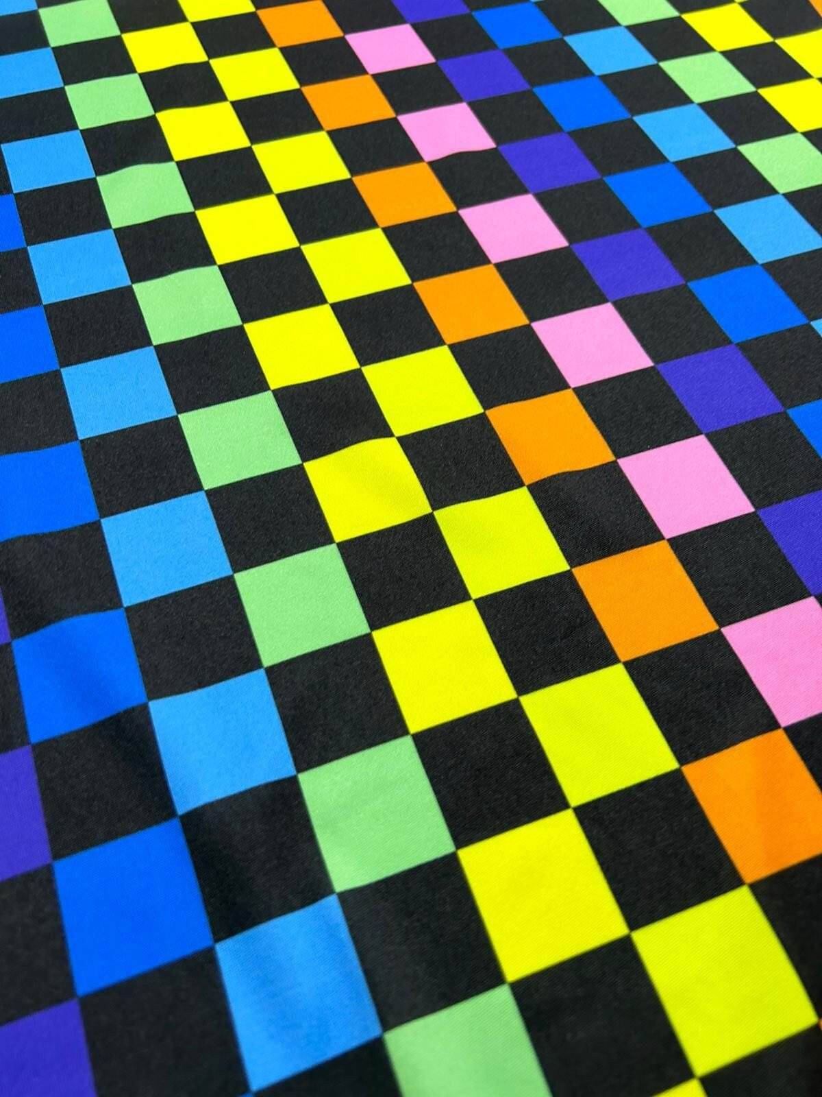 Rainbow Checkers Print Fabric – Available in Satin, Crepe, Spandex & Chiffon | By Metre