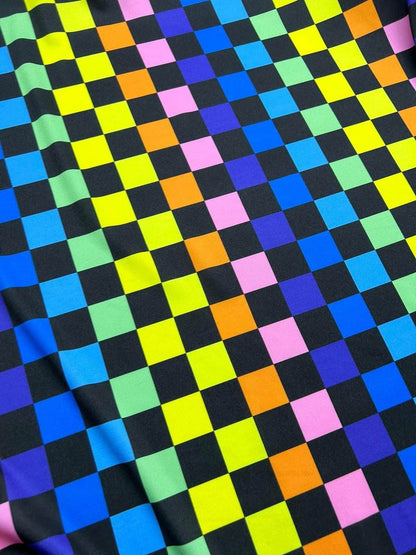 Rainbow Checkers Print Fabric – Available in Satin, Crepe, Spandex & Chiffon | By Metre
