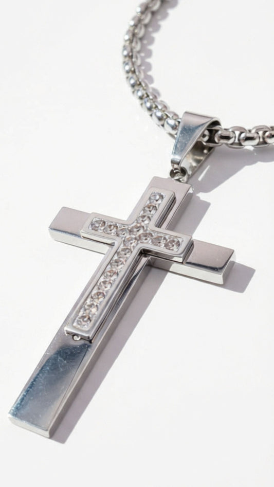 Two Tone Crystal Inlaid Cross Necklace
