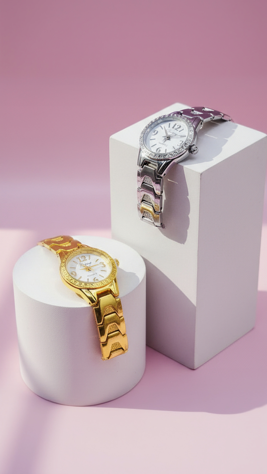 Metallic Round Face Quartz Movement Watch