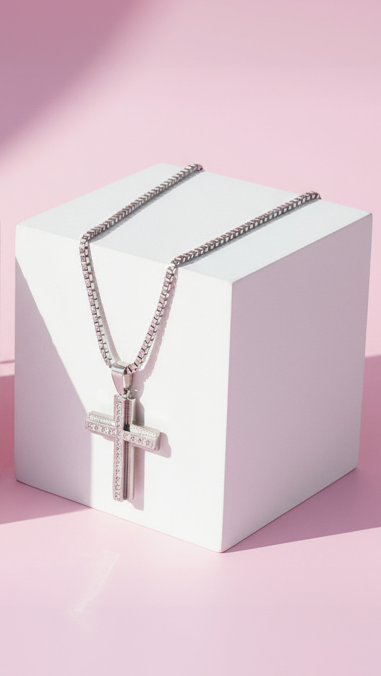 Layered Crystal Silver Cross Necklace