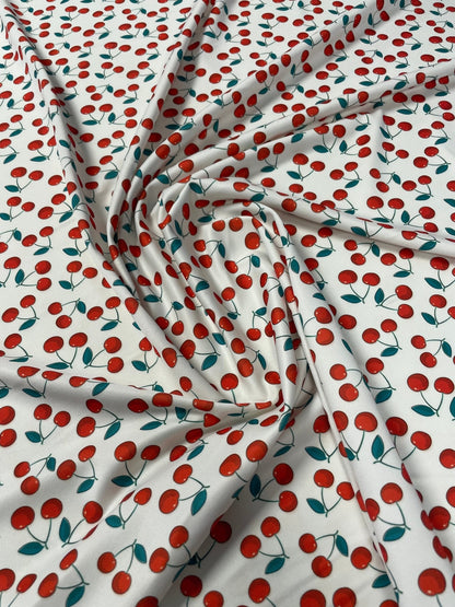 Cherry Print Fabric by the Metre – White Cotton Blend